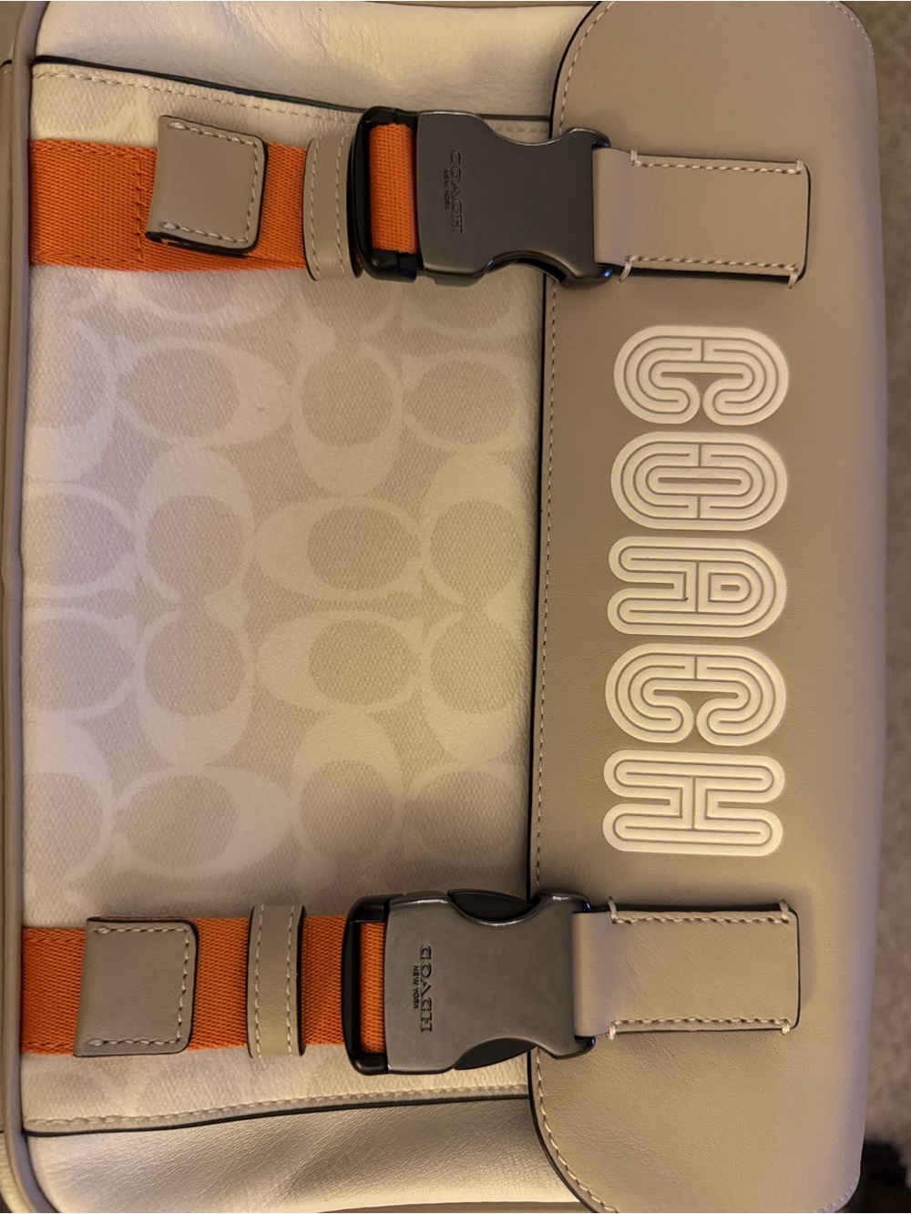 Coach Beige Canvas & Leather Shoulder Bag with Orange Strap Accents